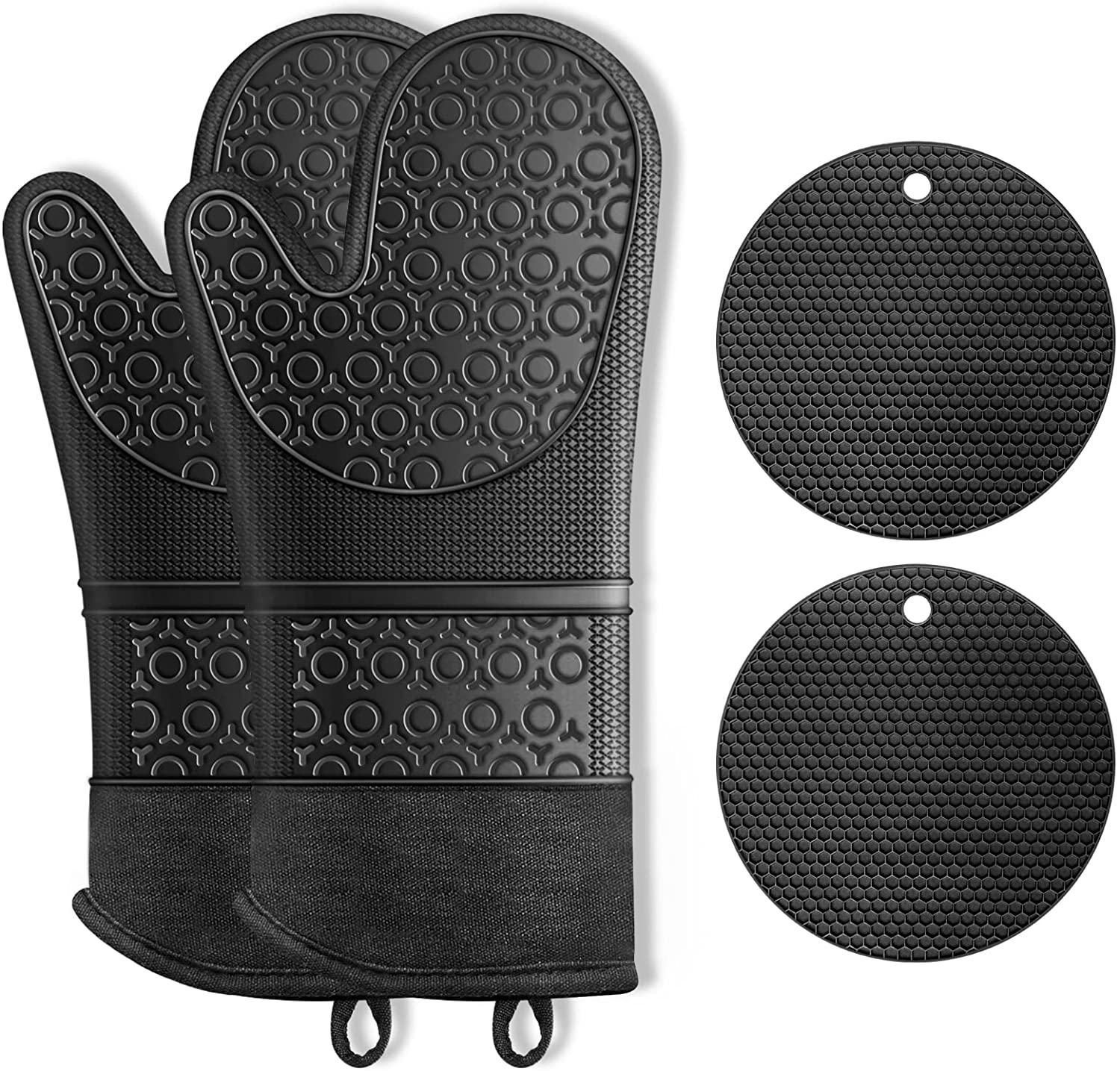 MILcea 4er Set Topfhandschuh Hitzebeständige 300°C Dutch Ofenhandschuh Ofen Handschuhe Kochhandschuhe (Schwarz-Set)