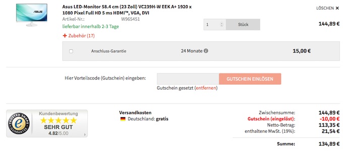 Asus VC239H-W für 135€ – 23" Allround-Monitor mit HDMI und DVI