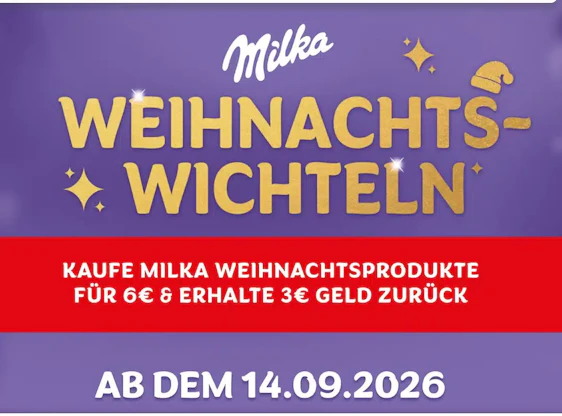 Milka Weihnachtswichteln (ab 14.09): Kaufe Milka Weihnachtsprodukte für 6 € und erhalte 3 € zurück