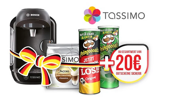Tassimo Fan-Paket für 50€ - inkl. Tassimo Vivy, 8 T-Discs Latte Macchiato, 2x Pringles und 20€-Gutschein
