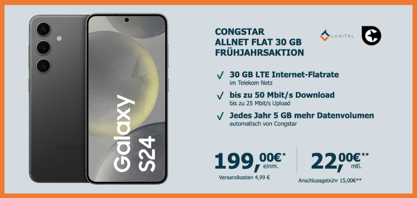 Nur 22€ mtl. &amp; im besten Telekom-Netz! Samsung Galaxy S24 mit 30 GB LTE50 Allnet-Flat