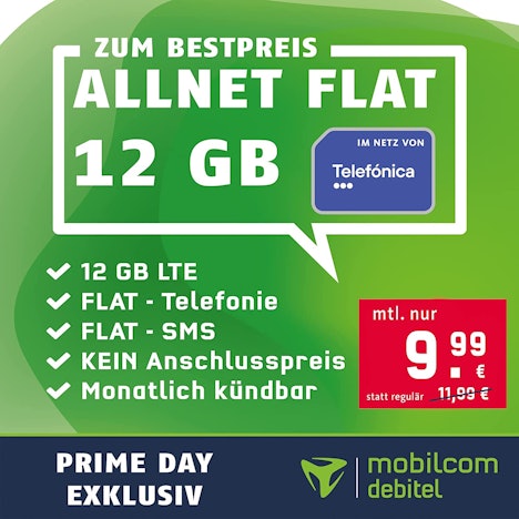 Mobilcom-debitel Telefonica 12GB Tarif für 10€/Monat - 12 GB LTE, Allnet- & SMS-Flat, monatlich kündbar