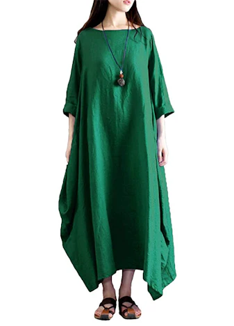 Damen Kleid Solide Baumwolle Tasche Rundhalsausschnitt Lose Baggy Vintage