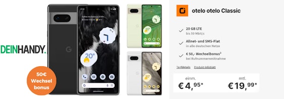 Günstiger als bei idealo! Google Pixel 7 (128GB) für 4,95€ + Otelo Classic 20 für 19,99€/Monat - 20 GB LTE50, Allnet- & SMS-Flat, + 50€ Wechselbonus! 💰