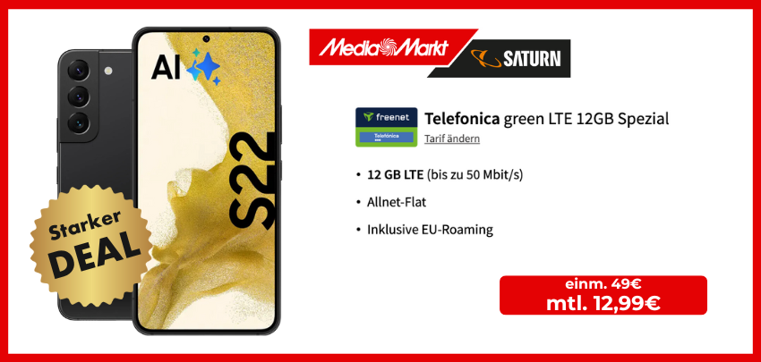 Hammer-Deal! ⚒️ Samsung Galaxy S22 + 12 GB Telefónica-Allnet für nur 12,99€ mtl.