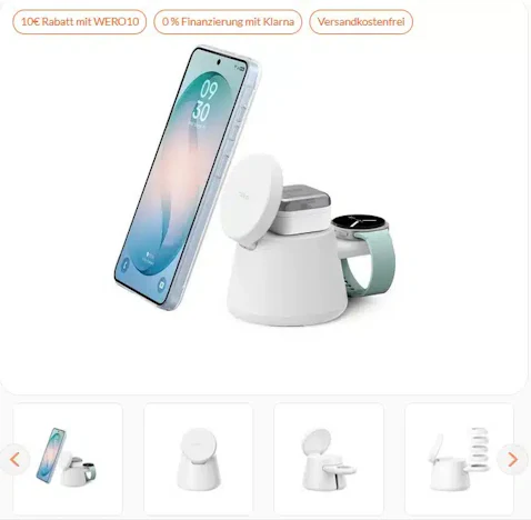 BELKIN UltraCharge Modulare Ladestation mit Qi2 (25 W) in Weiß mit Kabelhalter für offizielle Smartwatch-Ladegeräte (nicht enthalten) für 47,03€ (nur bei Zahlung mit Wero) statt 56,90€