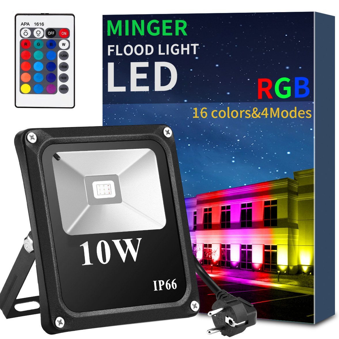 LED Fluter RGB 10W Strahler Außen Mit 24 Tasten Fernbedienung, 16 Farbwechsel, Wasserdicht