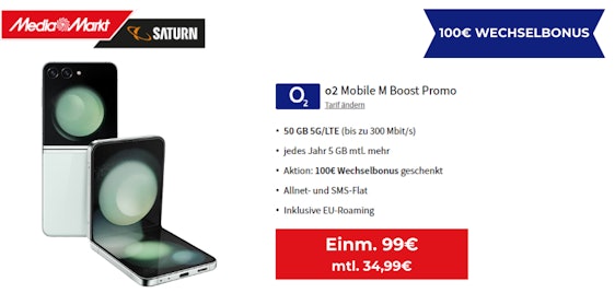 111€ günstiger als bei idealo! 🤑 Samsung Galaxy Z Flip5 + 50 GB 5G/LTE o2-Allnet für 34,99€/Monat