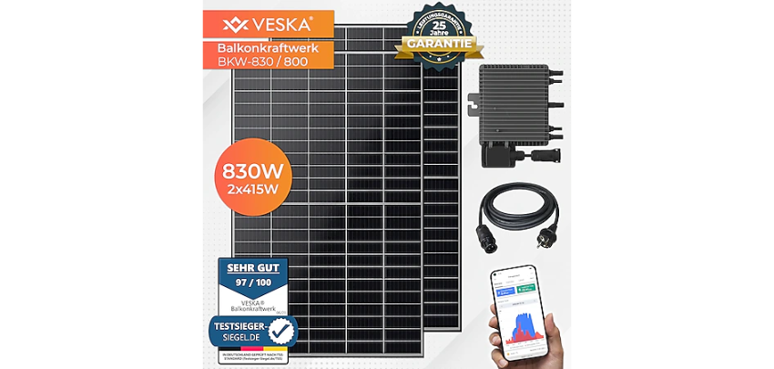 Veska BKW-830/800 WIFI für 370€ - Steckerfertiges Balkonkraftwerk mit 2x 415 Watt Solarmodulen