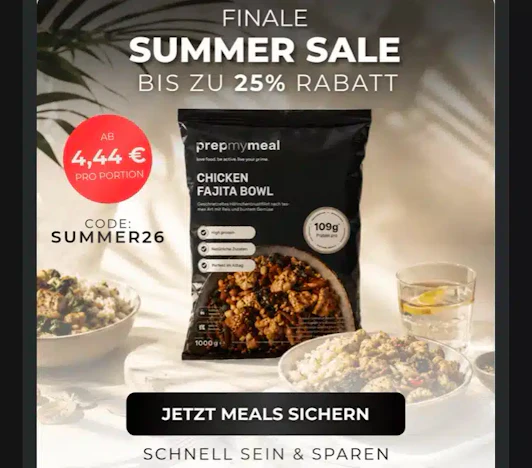 Final Summer Sale bis zu 25% Rabatt bei prepmymeal Low carb Proteinreich gesunde Fertigmahlzeiten
