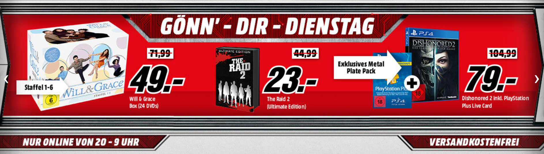 Gönn Dir Dienstag bei Media Markt - z.B. Dishonored 2 + PlayStation Plus 365 Tage für 79€