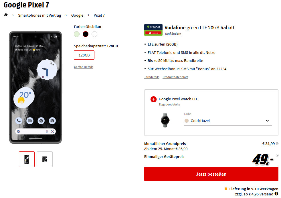 50€ Wechselbonus! Google Pixel 7 + Pixel Watch LTE im Vodafone Green 20 GB Tarif für 39€/Monat – 20GB LTE, Allnet- &amp; SMS-Flat, EU-Roaming