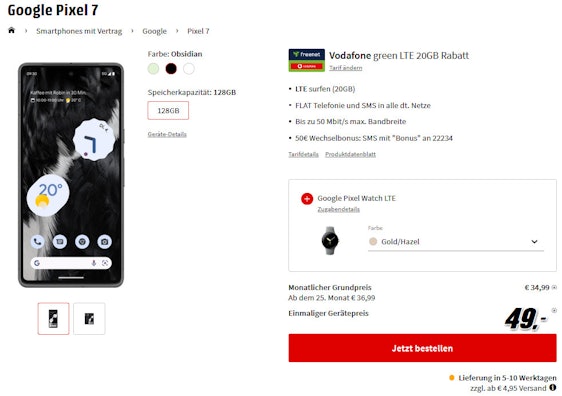 50€ Wechselbonus! Google Pixel 7 + Pixel Watch LTE im Vodafone Green 20 GB Tarif für 39€/Monat – 20GB LTE, Allnet- & SMS-Flat, EU-Roaming