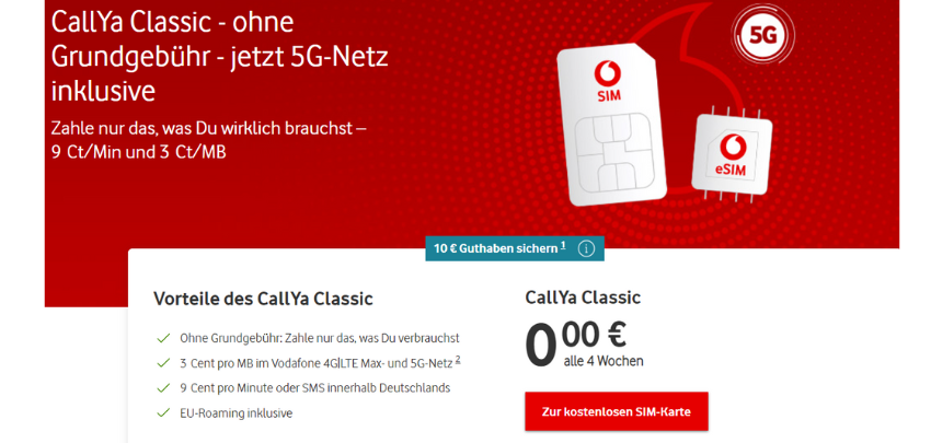 Vodafone CallYa Classic - Datenverbindung im 5G-Netz ohne Grundgebühr