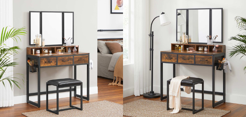 VASAGLE Frisiertisch für 98€ - 3-teiliger Spiegel, inkl. Hocker, Kippschutz