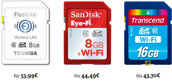 WiFi-SD Karten mit 8GB in der Übersicht - Toshiba 8GB für 54€, SanDisk 8GB für 44€ und Transcend 16GB für 44€