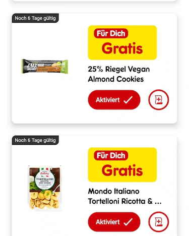 Gratis zwei Artikel in der netto App, Veganer Riegel und Mondo Tortellini