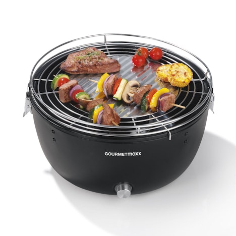 GOURMETmaxx Holzkohle Grill raucharm Gebläse Tischgrill Balkon Batterie 37cm