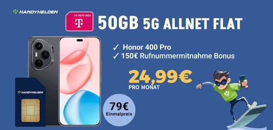 Effektiv nur 0,28€ mtl. 📱 Honor 400 Pro mit 50GB Telekom Allnet-Flat