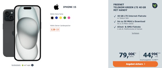 150€ Wechselbonus! 🤯 Apple iPhone 15 mit 40 GB LTE im Telekom-Netz für 44,99€ mtl. 🤩
