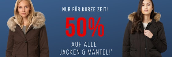 50% auf alle Jacken und Mäntel bei Tom Tailor für Damen, Herren und Kinder