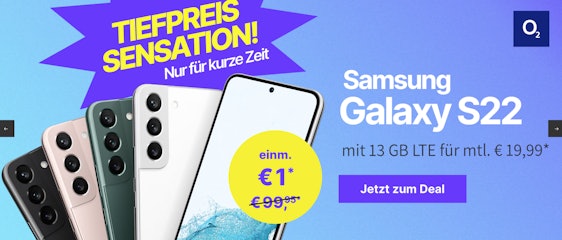 Samsung Galaxy S22 128 GB im o2 Basic 20 ab 20€/Monat mit 13 GB LTE, Allnet- & SMS-Flat