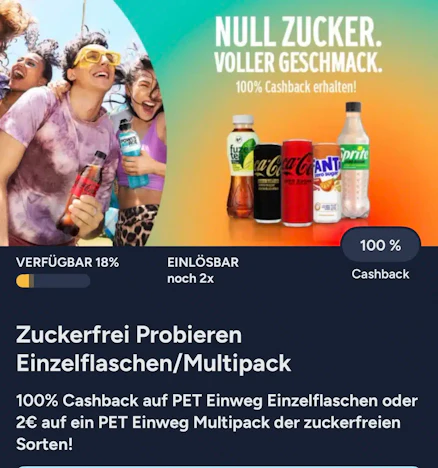 100% Cashback auf PET Einweg Einzelflaschen oder 2€ auf ein PET Einweg Multipack der zuckerfreien Sorten über Marktguru
