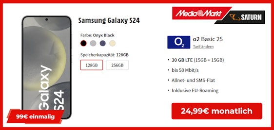 Rechnerisch für nur 3€ im Monat 💥 Samsung Galaxy S24 einmalig 99€ im 30 GB o2-Tarif für nur 24,99€/Monat