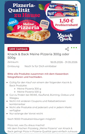 1,50€ Cashback Knack & Back Meine Pizzeria 300g oder 500g über Scondoo