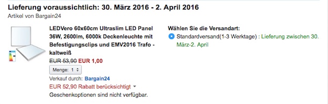 Preisfehler! LEDVero 60x60cm Ultraslim LED Panel 36W, 2600lm, 6000k Deckenleuchte mit Befestigungsclips und EMV2016 Trafo - kaltweiß [Energieklasse A] für 1€