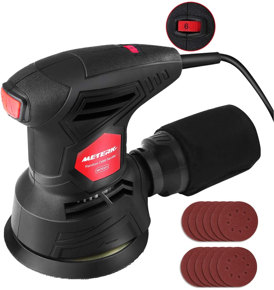 Meterk Exzenterschleifer mit 300W / 6 Geschwindigkeiten + Schleifpapierpaket
