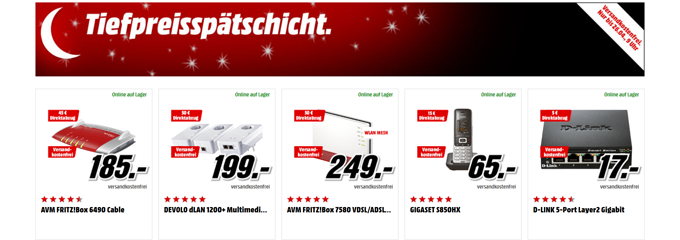 Media Markt Tiefpreisspätschicht: Telefonie und Co. - z. B. AVM Fritz!Box 6490 Cable für 140€