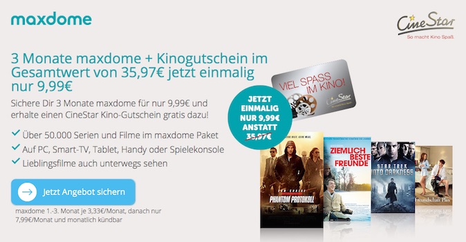 Maxdome testen für 10€ – 3 Monate Filme und Serien streamen inkl. Cinestar-Gutschein *UPDATE*