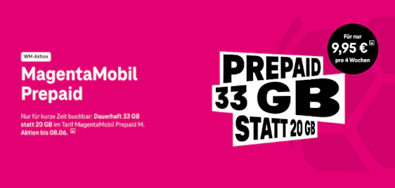 Einfach TOP 📲🏆 33GB Telekom MagentaMobil Prepaid Allnet-Flat für 9,95€ mtl.