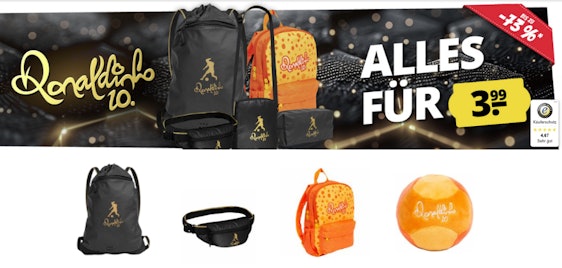 Ronaldinho Schülerausrüstung für 3,99€ pro Stück - z.Bsp. Turnbeutel mit Reißverschluss für 3,99€