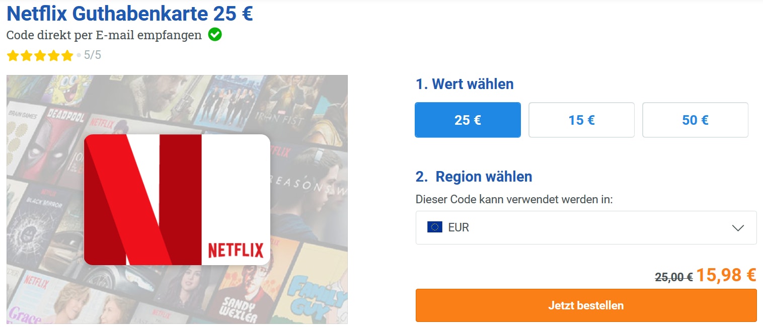 *Vorbei* 25€ NetflixGuthabenkarte für 16€ verschiedene Ländercodes verfügbar