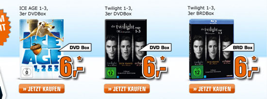 Twilight 1-3 [Blu-ray] oder Ice Age 1-3 [DVD] für 7,99€