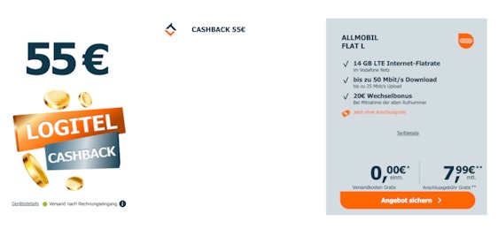 Eff. nur 4,87€ 🤯 14GB Allmobil Flat - mit 55€ Logitel Cashback & 20€ Wechselbonus sichern