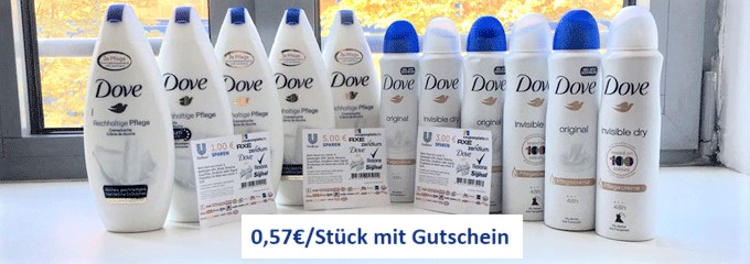 9€ Gutscheine für die Marke Unilever - mit Trick z. B. Dove Cremedusche oder Deo ab 0,57€