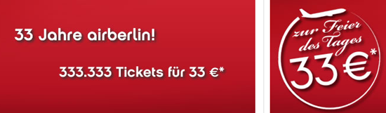333.333 Tickets für 33,33€ bei airberlin
