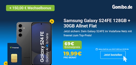 Nur HEUTE & mit 150€ Wechselbonus ⌛ Samsung Galaxy S24 FE (256GB) für einmalig 149€ im 30 GB Vodafone-Tarif für 19,99€/Monat