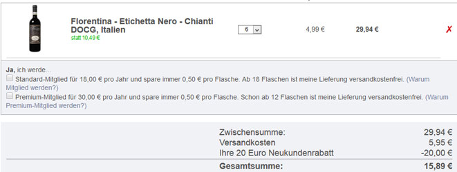 20€ Gutschein für "der-weinversand" ohne MBW - 6 Flaschen Chianti für 16€ inkl. Versand