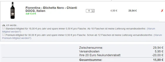 20€ Gutschein für "der-weinversand" ohne MBW - 6 Flaschen Chianti für 16€ inkl. Versand