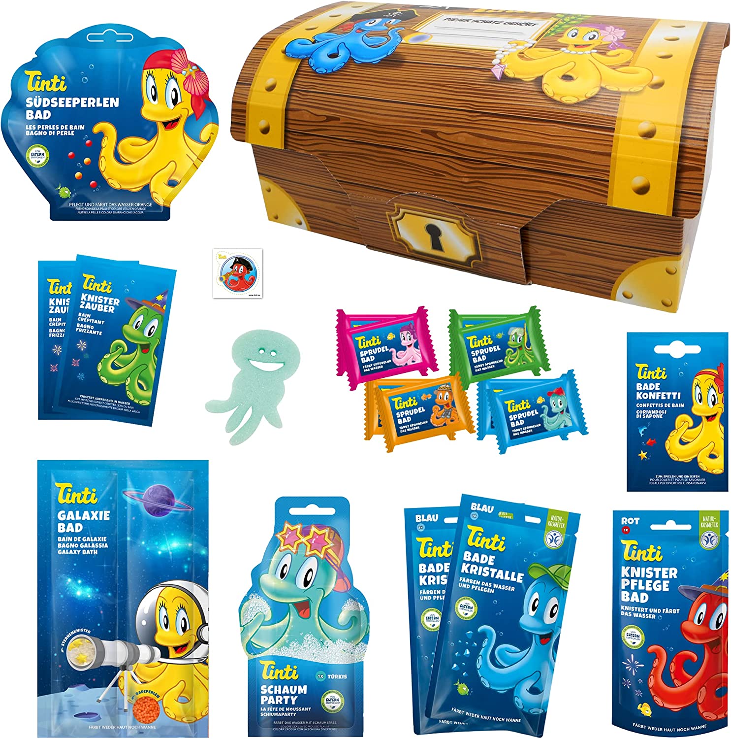 Tinti Schatztruhe Pflegespaß für 10€ - 18-teiliger Badespaß, für sensible Kinderhaut (Prime)