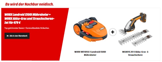 Worx Landroid S500i (2018) + Akku-Gartenscherenset für 479€ - App-steuerbarer Mähroboter für 500 m²