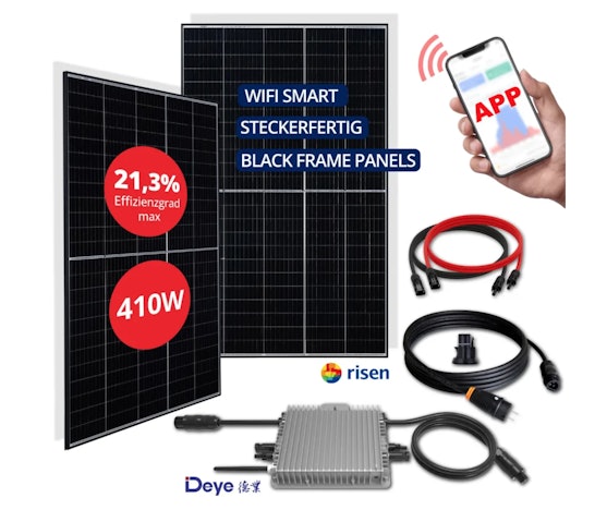 Balkonkraftwerk-Set für 559€ - 2x Risen Solarpanels 405W (810W) + Deye SUN800 Mikrowechselrichter + Endkappe & Schuko-Anschlusskabel