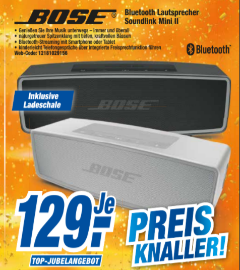 Bose SoundLink Mini II  für 129€ – Bluetooth Lautsprecher in schwarz oder weiß [Expert Lokal]