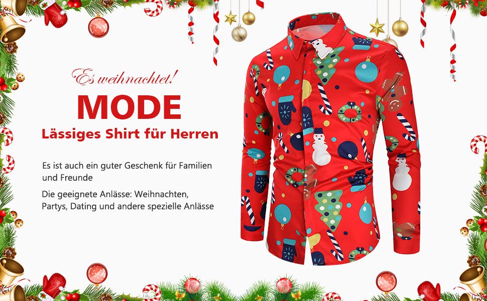 Herren Hemd Weihnachten Thema Knöpfbar Langarm für 16.99€ statt 18.99€