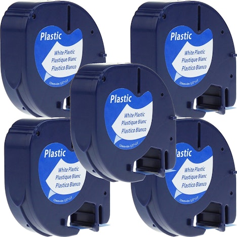 5 x Unistar Kunststoff Etikettierband 91201 für Dymo LetraTag LT-100H lt-100t lt-110t QX 50 XR XM 2000 Plus; schwarz auf weiß 12 mm x 4 m