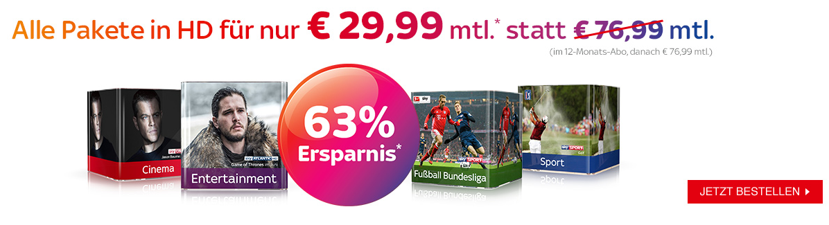 Sky Komplett für 29,99€ im Monat: Sky Entertainment + Cinema, Sport und Bundesliga + Sky Go